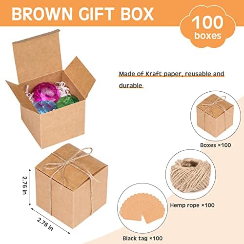 100 PCs 3 x 3 x 3 pequenas caixas de presente marrons com tampas de papel caixas de favor caixas kraft com 100 tags de presente