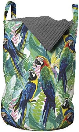 Bolsa de lavanderia de Ambesonne Birds, ilustração retratando os papagaios escarlates de macaca entre plantas exóticas na selva, cesto de cesto com alças fechamento de cordão para lavanderias, 13 x 19, multicolor