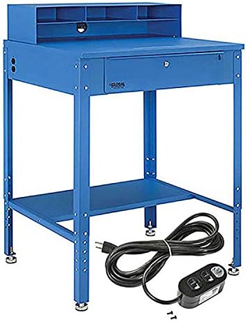 Global Industrial 34-1/2 W x 30 D x 38 Hista de loja com pombo riser, tomadas elétricas, superfície plana, azul