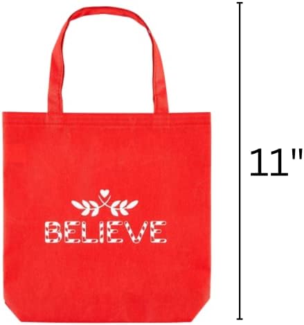 Needzo Christmas Believe Tote Bag, bolsas cristãs religiosas vermelhas, compras reutilizáveis ​​e pacotes de presentes de férias, 3 pacote, 11 polegadas