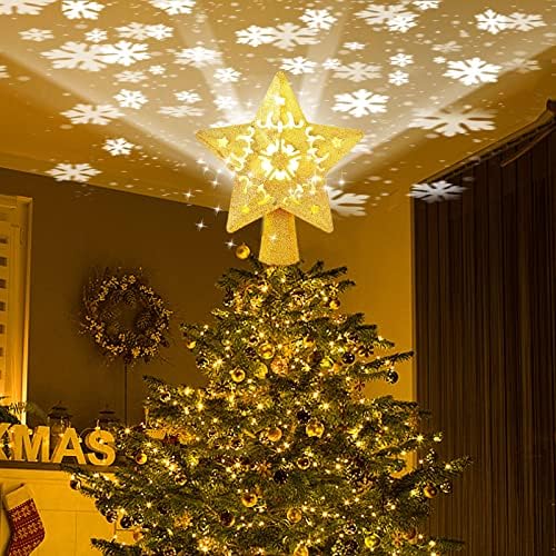 Jardin Christmas Tree Topper, 3D Hollow Christmas Star Tree Topper iluminado com projetor de floco de neve rotativo de LED, capota de estrela de árvore de Natal para o Toppers de árvores Decorações de Natal