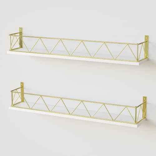 J Jackcube Design Branco e dourado Prateleiras flutuantes para o conjunto de paredes de 2, trilhos de ferro, suportes