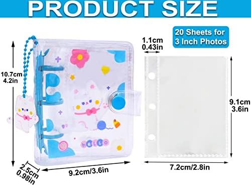 Szhtswu 20 folhas 40 bolsos de 3 polegadas Mini Foto Álbum em LOOF LOAF RECILÍVEL 3-RINGS TRANSPARENTE PHOTOCARD Binder Kpop PhotoCard Solder Book com pingente fofo para armazenamento de cartões de imagem