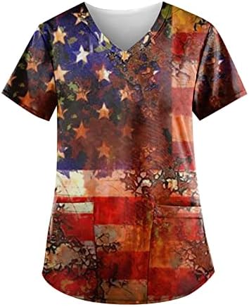 4 de julho Camisetas para mulheres American Summer Summer Manga curta vshirt pescoço com 2 bolsos Bloups Holiday Casual Workwear