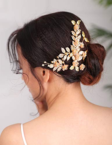 Denifery Gold Bridal Wedding Hair Hair Pin Leaf Pedaço Flor Flor Beral Acessórios para mulheres e meninas
