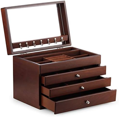Caixa de Jóias de Jóias de Madeira Sólida de A&O com 3 gavetas dispositivos de caixa de armazenamento e espelho para mulheres marrons