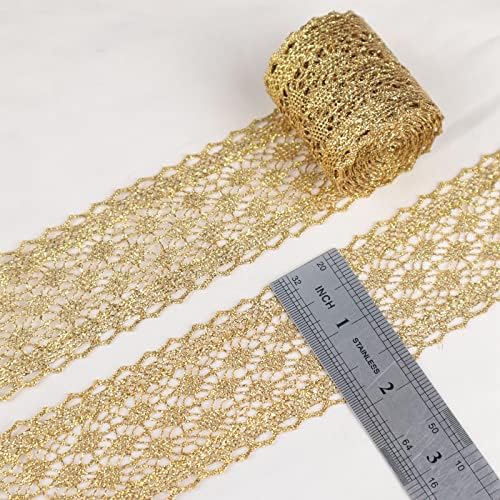 Gold Lace Trim 10 jardas de crochê vintage renda de renda artesanal renda de ouro para costura, embrulho de pacote