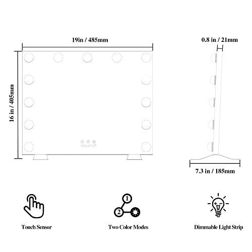 Espelho de vaidade de beautas com luzes, molho de maquiagem iluminado ou espelhos de beleza montados na parede com dimmer