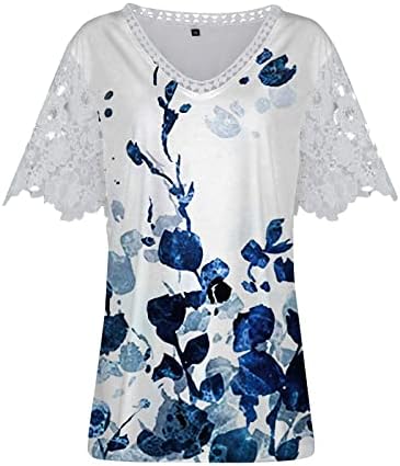 Impressão feminina boho verão v pescoço tops t camisetas cortadas renda de renda curta praia blusas casuais camisetas de camisetas