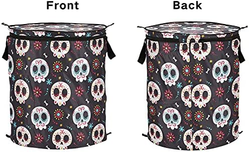 Skull White Pop -up Lavanderia cesto com tampa dobrável cesto de armazenamento saco de roupa dobrável para piqueniques de viagem