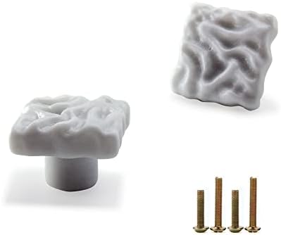 Botões de gabinete de pedra branca ricoki naturais, conjunto de mármore conjunto de 2, design artístico escultural quadrado, para puxadores