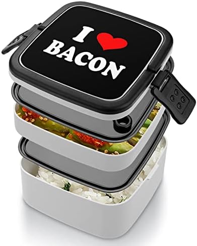 Eu amo Bacon Lanch Box portátil Bento Box de camada dupla de grande capacidade Recipiente de alimentos com colher