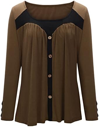 Camisas de manga comprida para mulheres bloco colorido V Botão de pescoço Túnica de túnica de túnica de túnica solta
