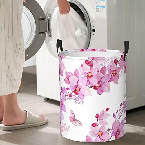 Flores rosa e cesta de lavanderia impressa de borboleta, cesta de armazenamento dobrável, armazenamento doméstico para