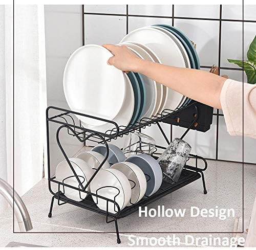 Pia de aço inoxidável de 2 camada rack de secagem com bandeja de gotejamento, 40x25x31cm / 16x10x12in, pan de panela preta para chuveiro banheiro da cozinha