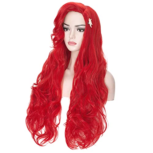 Peruca de sereia de geauty com clipes de cabelo de estrela do mar, 31 polegadas de sereia vermelha de longa peruca encaracolada para mulheres perucas de onda corporal para fantasia de Halloween