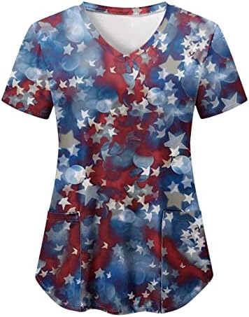 4 de julho Blusa da bandeira americana para mulheres de verão Manga curta V camiseta com 2 bolsos Bloups Holiday Casual Workwear