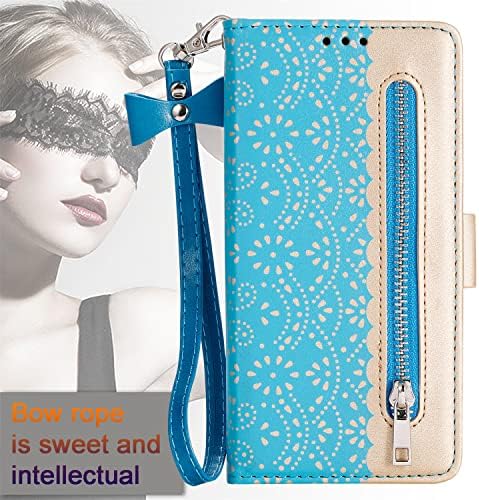 Caixa da carteira xyx para Samsung A54 5g, lace Splice Flower PU Zipper Zipper Case com pulseira para o Galaxy A54 5G, azul