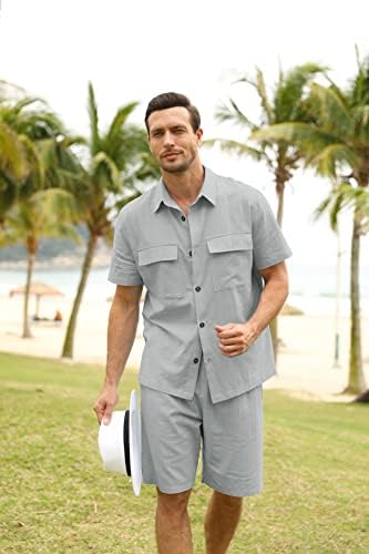 Homens de 2 peças camisas de linho conjuntos de roupas de praia de verão botão de manga curta para baixo camisa de tração de tração