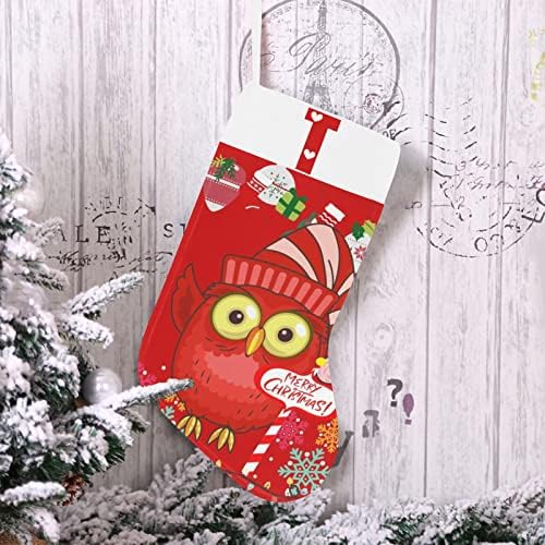 Monogram Santa Owl Christmas Stocking com letra T e coração 18 polegadas grandes vermelhas e brancas