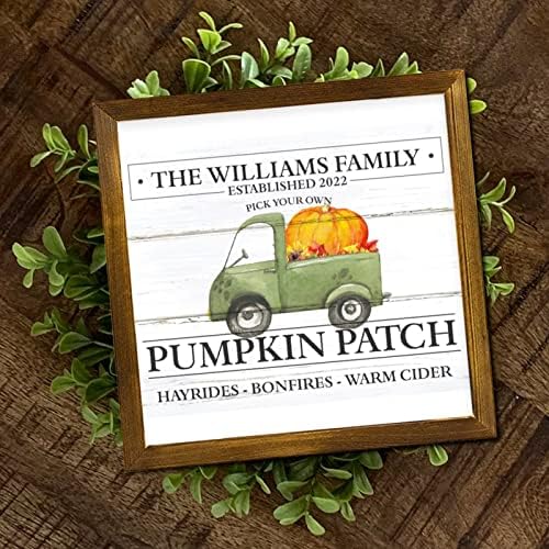 Nome personalizado Pumpkin Patch Patch Green Truck Wood Sinais emoldurados de bordo folhas de parede Fazenda Fazenda Autumn