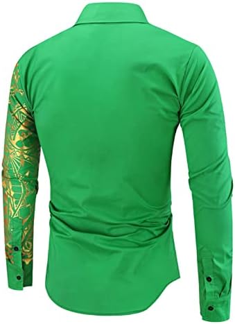 Camisa de vestido de botão de impressão masculina para baixo, camisas douradas de mangas longas e douradas camisetas casuais de boate floral de boate