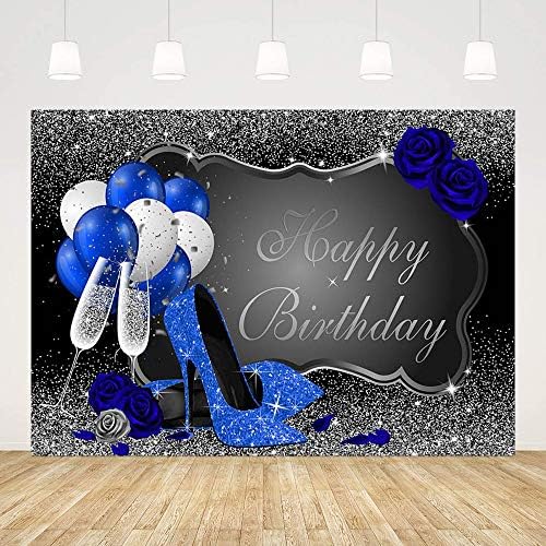 Mehofond Glitter Silver e Blue Birthday Birthday Bornop para mulheres Decorações de festa Banner Royal Blue Heels Rose balão de champanhe Champagne Backgrod Studio Props Banner Vinyl 7x5ft