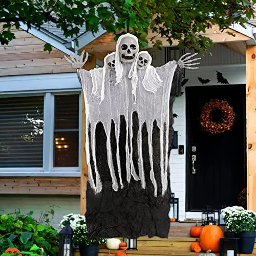 Decorações suspensas de Halloween ao ar livre - 48 de esqueleto pendurado fantasma com 3 olhos brilhantes de cabeça de crânio som assustador,