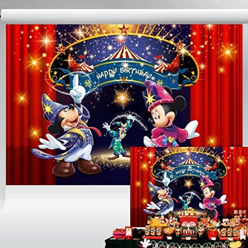 Mickey e Minnie Magician Beddrop Circus Birthday Party Decorações de cortina vermelha Magic Backgry Witch Wizard Birthday Festes Fuplens 5x3 ft 53