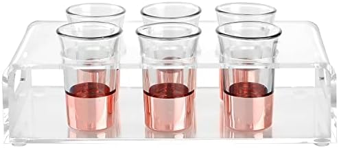 Mygift 7 peças Shot Glass Party Server com bandeja de porção de acrílico transparente, conjunto de óculos de tiro com fundo de cobre