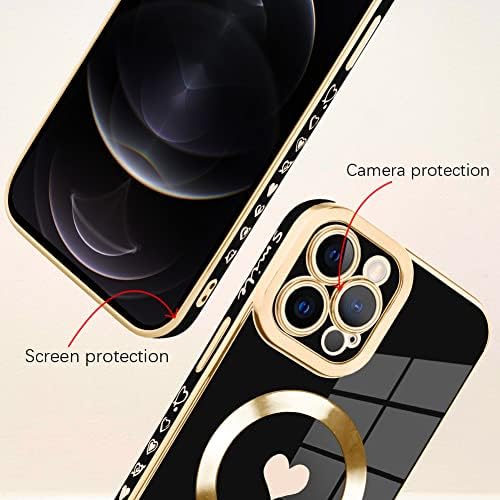 Bonoma para iPhone 12 Pro Max Case [Suporte para Magsafe] Love Padrão de coração Eletroplate magnético Eletroplate Luxo Protetor de câmera elegante Câmera Soft TPU Canto traseiro protetor à prova de choque -preto