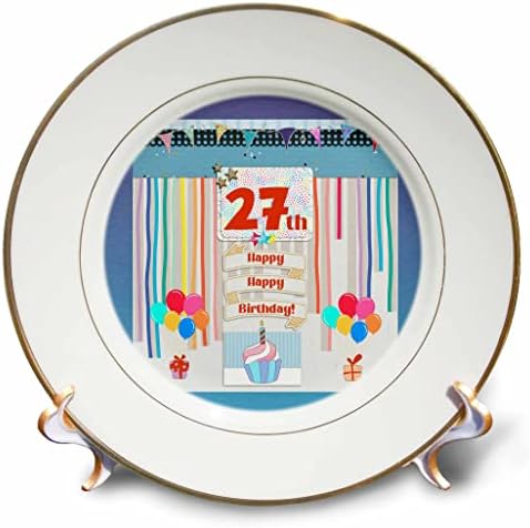 Imagem 3drose de 27ª etiqueta de aniversário, cupcake, vela, balões, presente, serpentinas - placas