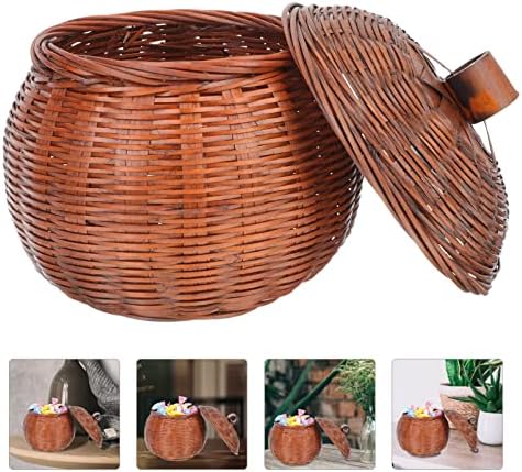Patkaw Rattan Armazenamento de cesta de abóbora Caixas redondas de vime com tampa de vime ovo de cesta de cesto de compras