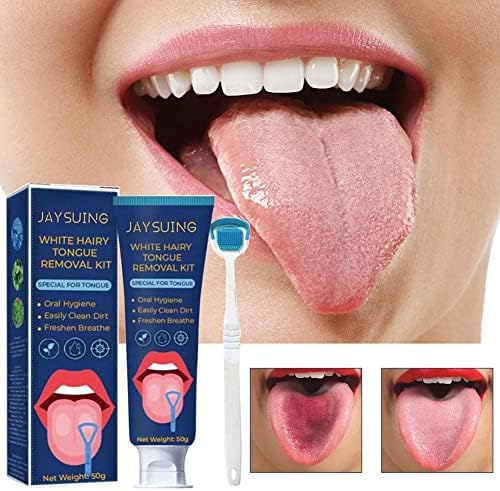 Raspador de língua, kit de remoção de língua peluda branca, gel de limpeza de manchas de língua com escova mais limpa, kit