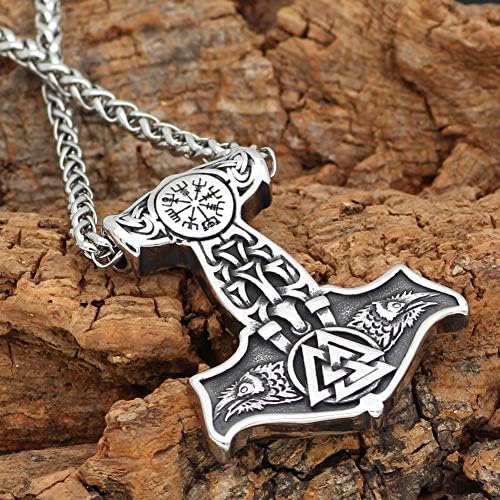 Guoshuang Nordic Viking Mjolnir Thor Hammer Valknut Colar de aço inoxidável para homens com sacola de presente Valknut