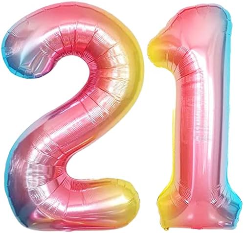 Enorme arco -íris 21 Balões Número - 40 polegadas | Folha de gradiente de 21º aniversário decorações para ela | Número de balão de 21 gigante, 21º aniversário de 21 decorações de aniversário para ela | 21º Balões de aniversário