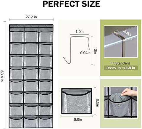 Relbro sobre o chapéu da porta, organizador de chapéus de tampas de beisebol por porta com 24 bolsos de malha elástica grande e elástico Capt de chapéu de chapéu de armazenamento de chapéu com 3 sobre os ganchos de porta - cinza