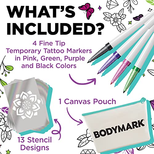 Bodymark Gift Setting Tattoo Marker para a pele, ponta da escova premium, 4 pacote de cores e estênceis variados, conjunto