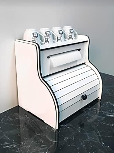Caixa de pão com suporte de papel toalha e prateleira de xícara e com panificação decorativa a laser escrevendo a bancada de cozinha