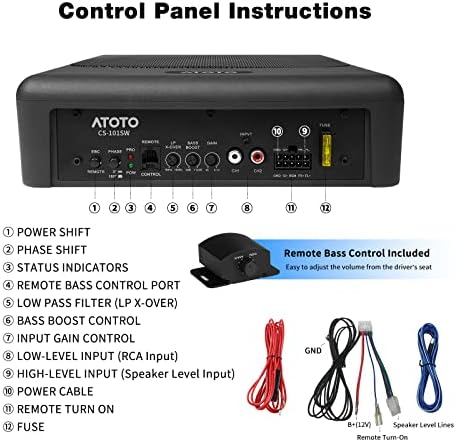 ATOTO CS-101SW 10 Subwoofer Subwoofer de carro ativo de 10, sob o subwoofer de assento de áudio de carro de 400 watts, subwen-in-in-ingening de carro/sub-caminhão com entradas de baixo e alto nível, controle de subwoofer remoto