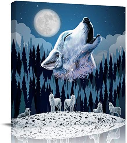 Wild Animals Canvas Wall Art Picture, obra de arte Pintura a óleo para quarto da sala de estar decoração de escritório em casa 8x8 polegadas, uivando lobos na floresta na noite da lua