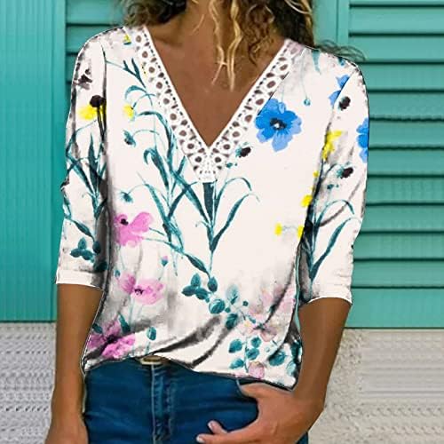 Women Lace V pescoço 3/4 camisas de manga Tops casuais de renda floral crochê boho blusa vintage elegante túnica top tees gráficos