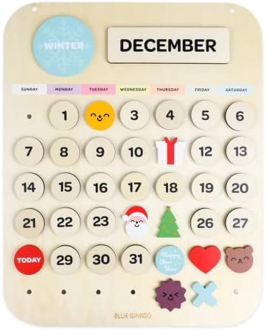 Calendário Blue Ginkgo Wooden Kids - Calendário Montessori para as crianças aprenderem estações, meses e dias da semana - Diário, Calendário semanal de Kids Leia