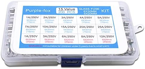 Purple-Fox 15 Valores 200pcs kit de sortimento de fusíveis de vidro de água rápida 5x20mm 250V 1 3 6 8 12a 6x30mm 250V 1 2
