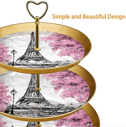 3 bolo de camada, França Paris Eiffel Tower Rosa Árvores Óleos Torre de Display de Pintura a Óleo, Suporte de Cupcake Redonda de Plástico Servando Bandeja para Celebração do Chá de Baby Tea Party Birthday