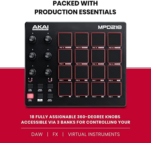 Akai Professional MPD218 - Controlador MIDI USB com 16 MPC Drum Pads, 6 botões atribuíveis, Nota Buttons de repetição e de nível