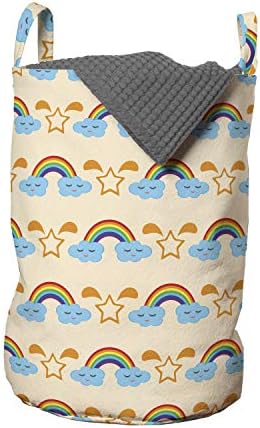 Bolsa de lavanderia de desenho animado de Ambesonne, nuvens de estrela e olhos sorrindo dormindo feliz arco -íris estampa rítmica,