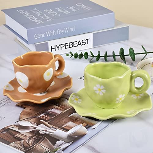 Koythin Ceramic Coffee caneca com pires, pires de copo de copa criativa para o escritório e casa, lava -louças e cofre de microondas, 6,5 oz/200 ml para leite com café com leite