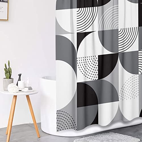 Preto cinza geométrico de cortina de chuveiro com tampa de tampa do banheiro e tapetes não deslizantes, grade circular vintage