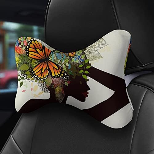 Linda mulher africana Butterfly Flower Car pescoço travesseiro de carro macio para apoio de cabeça travesseiro de colheita de colapso de almofada 2 pacote para dirigir viajando